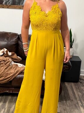 Love Tree Mustard Yellow Lace Bodice Wide-Leg Jumpsuit